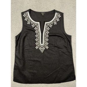 Talbots Linen Blend Black Sleeveless Shirt Embroidered Geometric Blouse Size‎ 6P